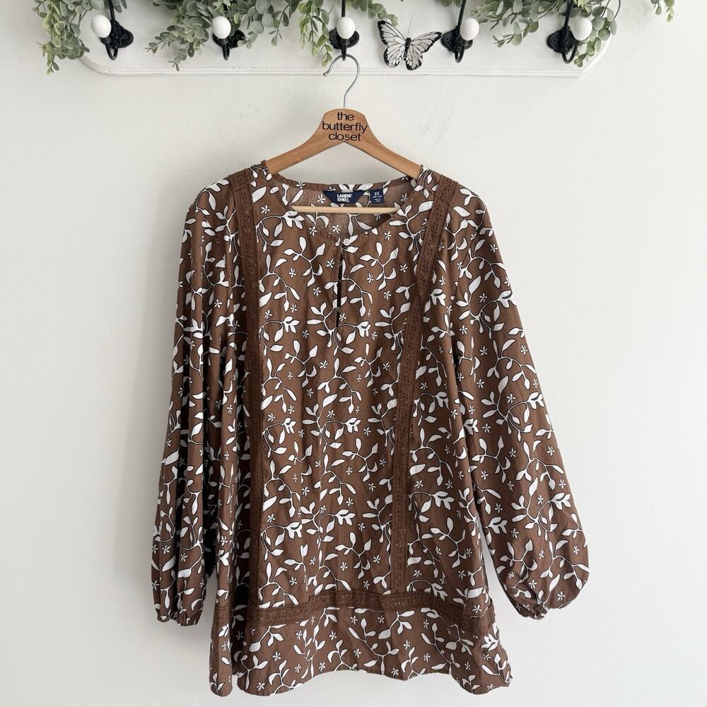 Lands' End plussize Eyelet Keyhole Tunic Top Allspice Floral Leaf Brown Size 2X